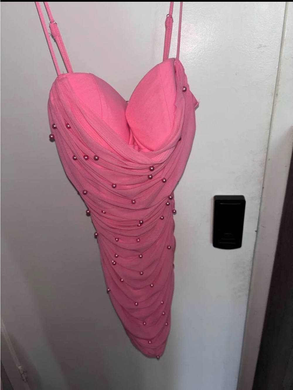 Pearl-Embellished Pink Draped Mini Dress